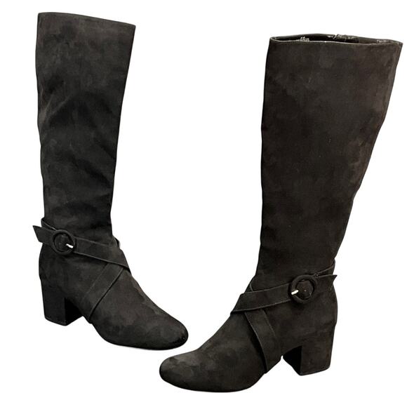 Nine West Black Faux Suede Cross Strap Block Heel Tall Riding Boot Women 8.5 - Picture 2 of 10